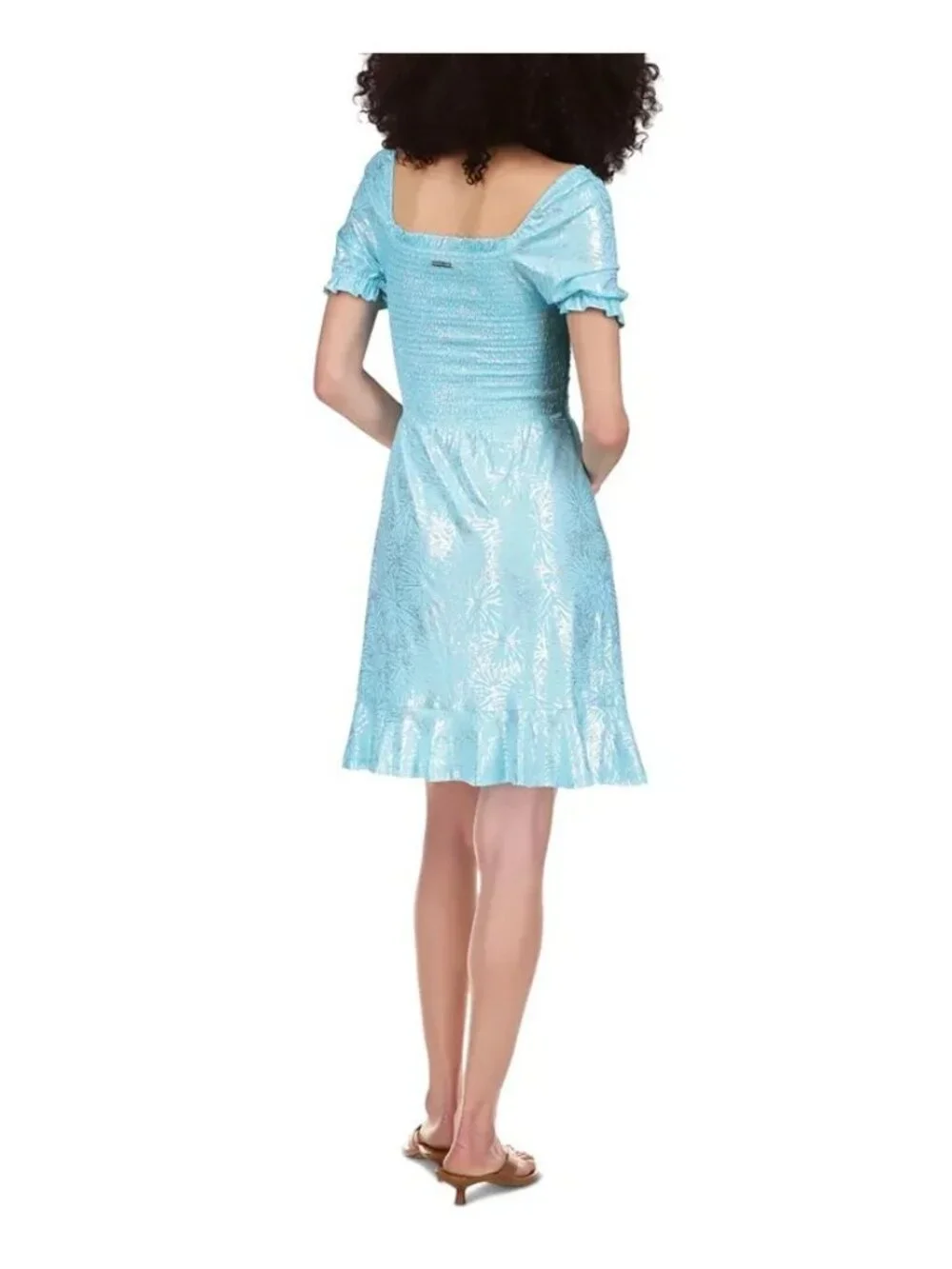 Michael Kors Shiny Foil-Print Smocked Peasant Dress Turquoise Blue Size S $125